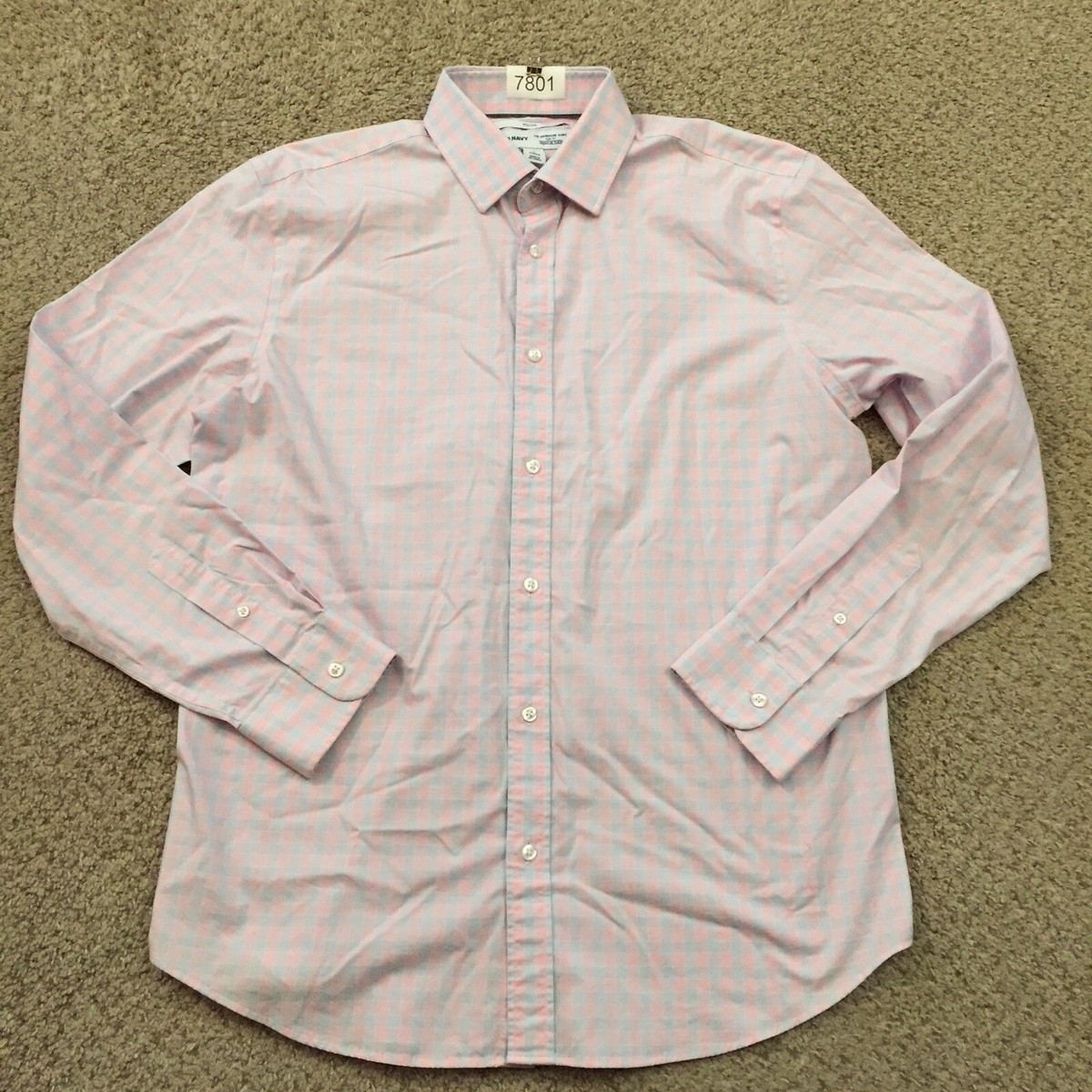 【chimo】 Old Navy Shirt Mens Large Slim Pink Blue Plaid Long Sleeve Button