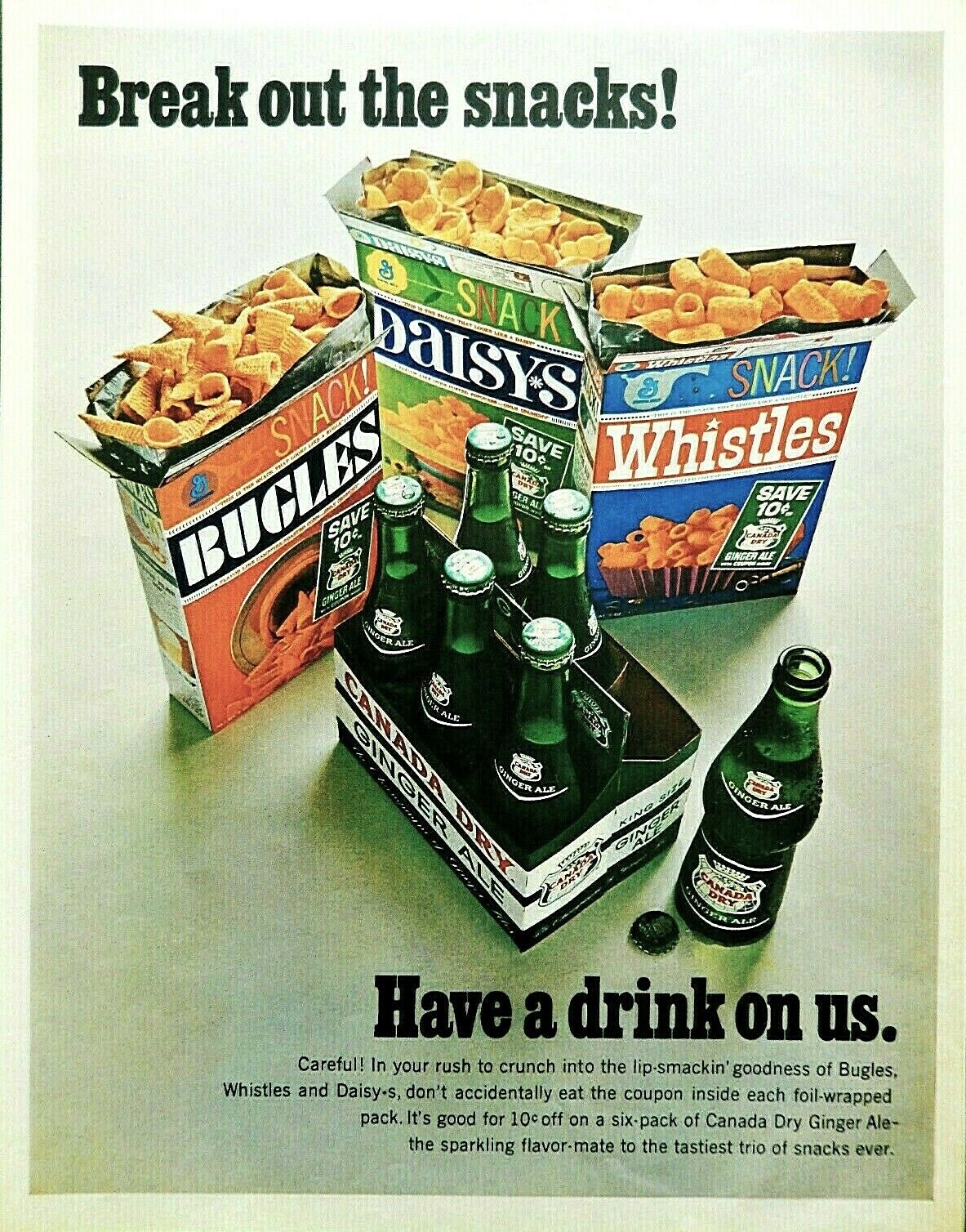 Canada Dry ginger ale ad vintage 1967 Bugles chips original