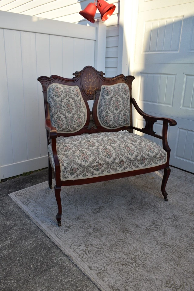 Antique Edwardian Style Inlaid Mahogany Settee w/Floral Fabric - Image 4 of 4