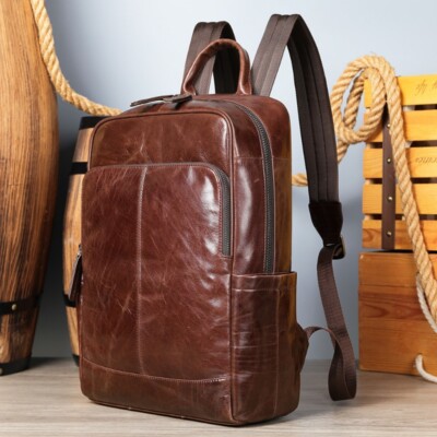 Men's Leather Backpack Large Capacity Business Travel Bag Computer Backpack