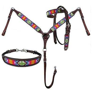 Showman Bright Beaded Southwest Cactus Design Headstall & Breast Collar Set