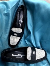 Vintage Salvatore Ferragamo Herringbone Black Patent Leather Penny Loafers 6.5
