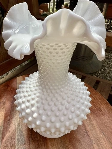 Vintage Fenton White Milk Glass Hobnail Ruffled Vase 10”