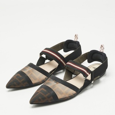 FENDI★40★メッシュパンプス★ Fendi Black/Brown Zucca Mesh and Canvas Colibri Slingback Flats