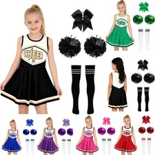 US Girls Cheer Leader Dress Set Pleated Skirt with Flower Balls Hair Ties Socks
