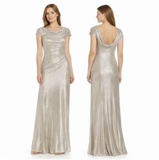 Adrianna Papell Metallic Foil Knit Draped Long Gown In Alabaster Size US 12