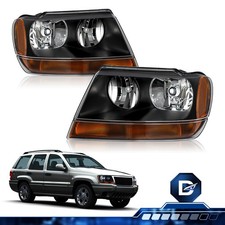 For 1999-2004 Jeep Grand Cherokee Black Front Headlights Direct Replacement Pair