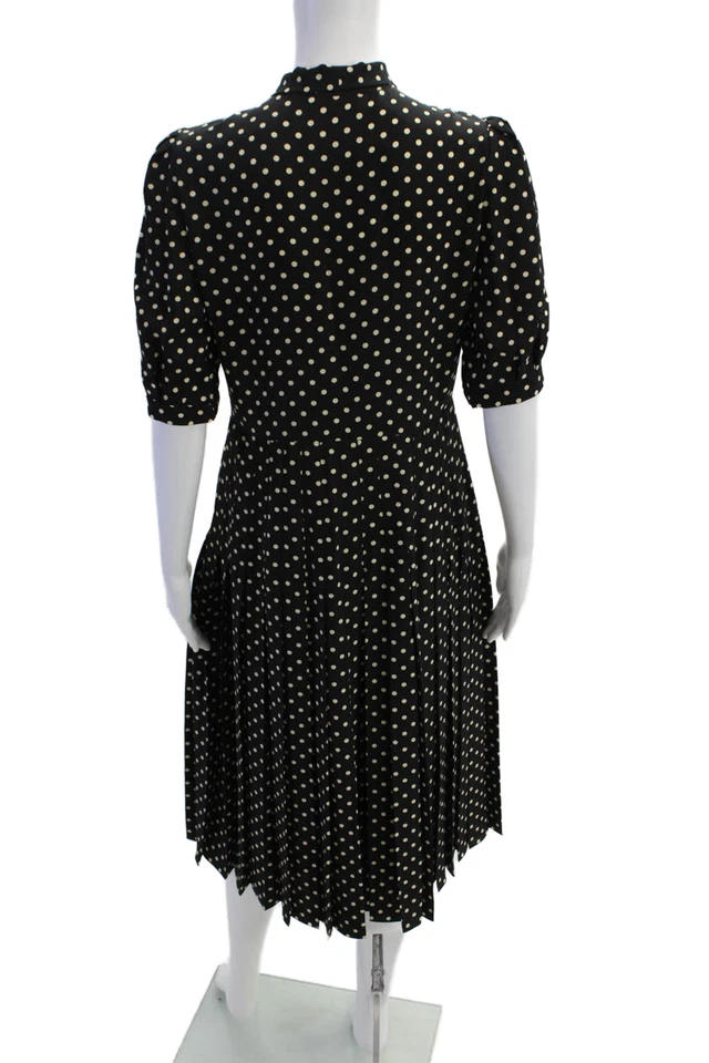 Celine Womens Short Sleeve Tie Neck Silk Polka Dot Dress Black White FR 38 - Image 3 of 4