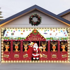 7x16ft Christmas Garage Door Banner with LED String Lights Deer Garage Door C...