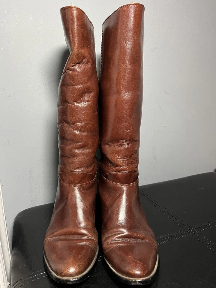 Botas de Montar Altas Ecuestres De Colección Pull On 8 Cuero Marrón Hasta la Rodilla Hechas en Italia Foto 3 de 4