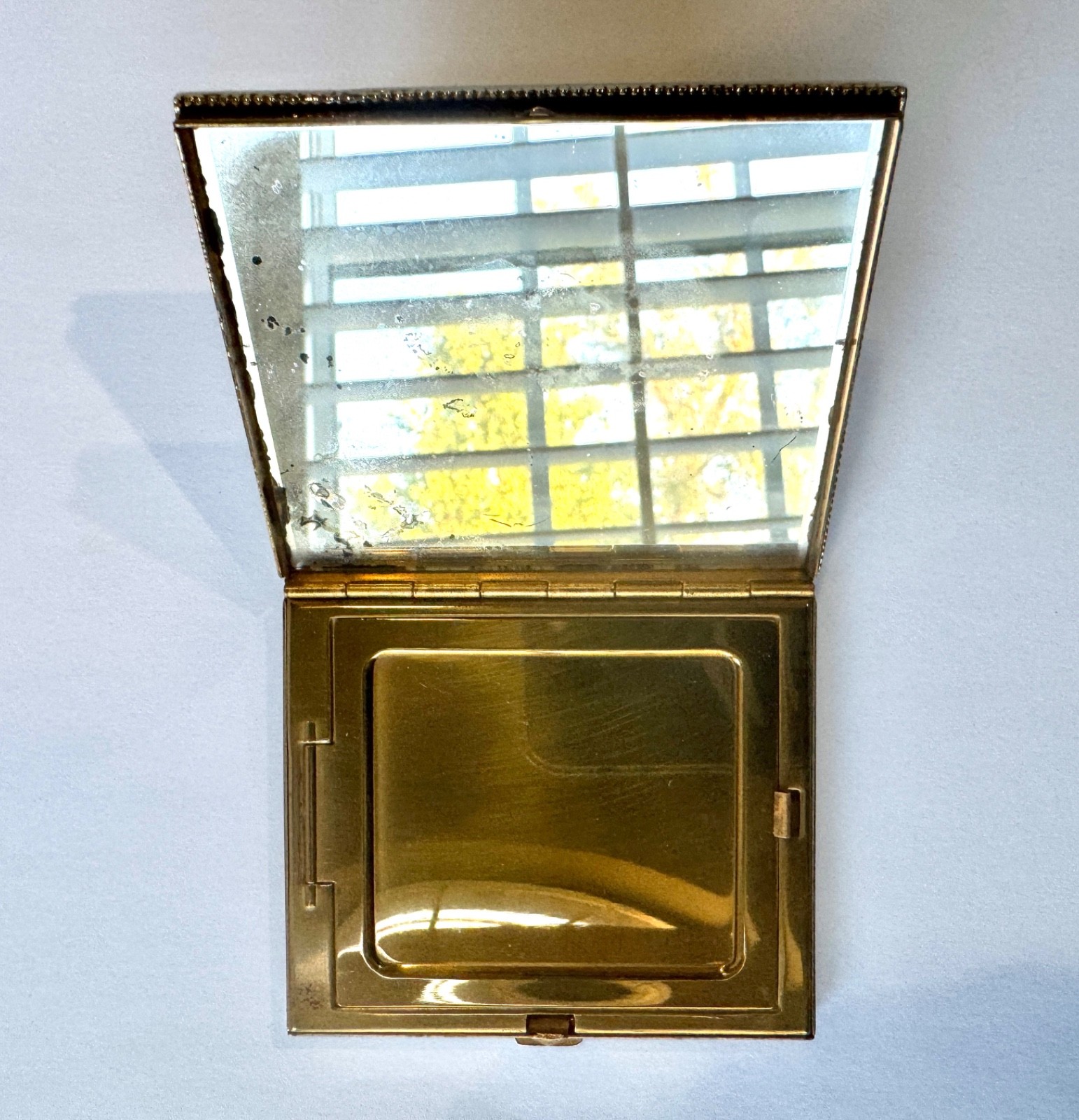 Vintage Blue & Gold Sparkle Floral Compact - Micro Mosaic Style, Heavy Gold Tone