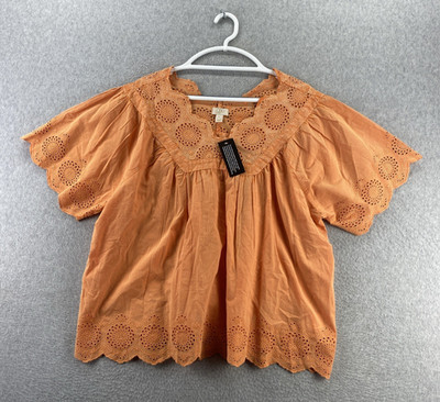 Loco Lavish XL Peach Eyelet Blouse NWT Short Sleeve Scoop Neck Cotton Top