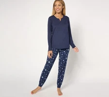 Anybody Regular Lush Jersey Solid Top and Printed Joggers Sleep Set Navy/Snowfla