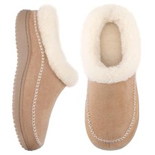 Women's Moccasin Slip-On Fuzzy Slippers - House Shoes Indoor Outdoor 7-8 Sand