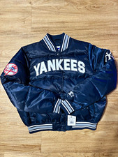 Starter New York Yankees MLB Navy Satin Jacket w/ Lettering Logo Patches Med