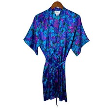 Vintage JO Intimates Robe Kimono Women's M Satin Blue Purple Floral Pocket