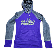 Nike Women's XS Therma FIT Hoodie Purple Gray Spellout Script Pullover Gym Top