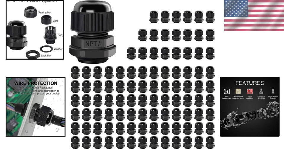 100-Pack NPT 1/2" Cable Glands Black Nylon Joints - Image 2 of 4