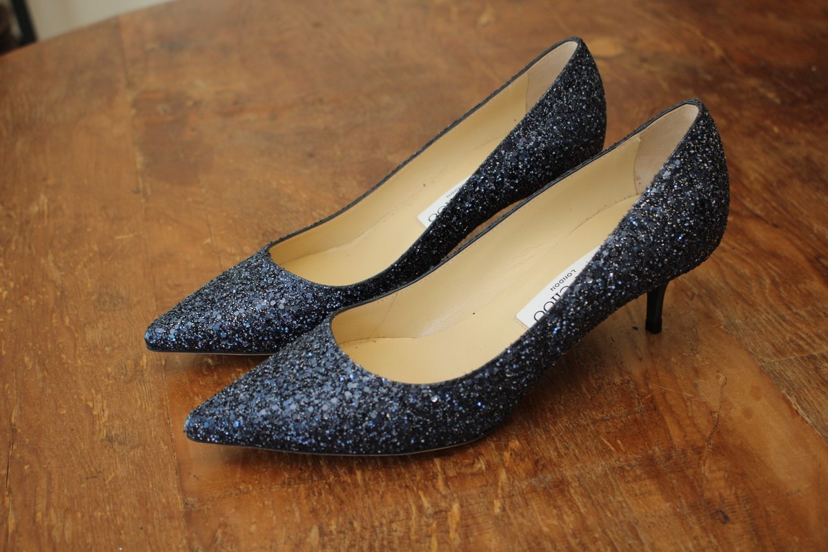 JIMMY CHOO Crackly Blue Glitter AZA Pointy Toe Shoes Classic 37.5