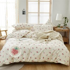 Cotton Girls Duvet Cover Full Strawberry Printed Pattern Cute Bedding Set Aes...