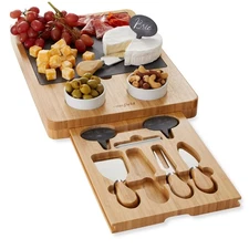 OPEN BOX - Bamboo Charcuterie Cheese Board Gift Set w Slate Tray, Knives, Bowls