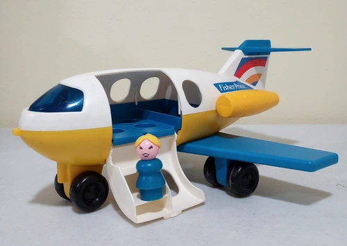 Vintage 1980 Fisher Price Airplane (#933) White, with Blue Wings / Yellow Bottom