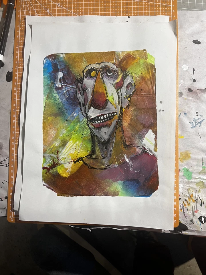 Arte Faris: Retrato de Pablo: Papel Placa Gelli 10x14 Neoexpresionismo Único Foto 3 de 4