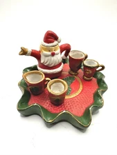 Vintage 1995 C&F Enterprises Miniature Santa Claus Tea Set Tray w/ Cups 7pc