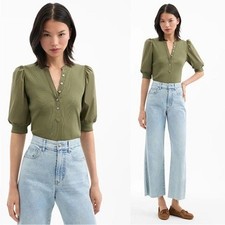 Veronica Beard Coralee High Volume Poplin Puff Sleeve Pima Cotton Green Top S