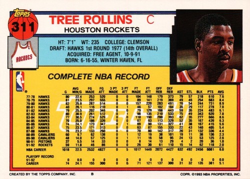 1992-93 Topps Gold #311 - Tree Rollins - Houston Rockets  92-687 - Picture 2 of 2