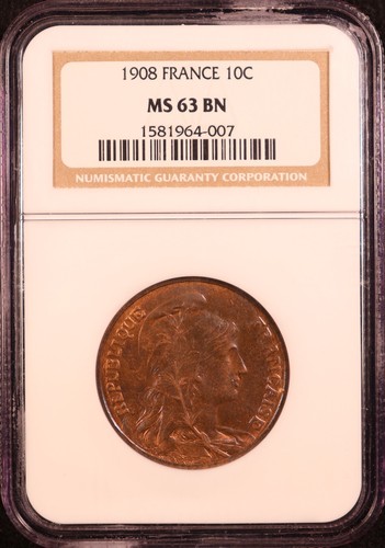 1908 France 10 Centimes - NGC MS63 BN - Beautiful Toning & Eye Appeal!