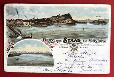 Litho AK STAAD bei Konstanz 1897 Ortsansicht mit Dampfer ( 71871