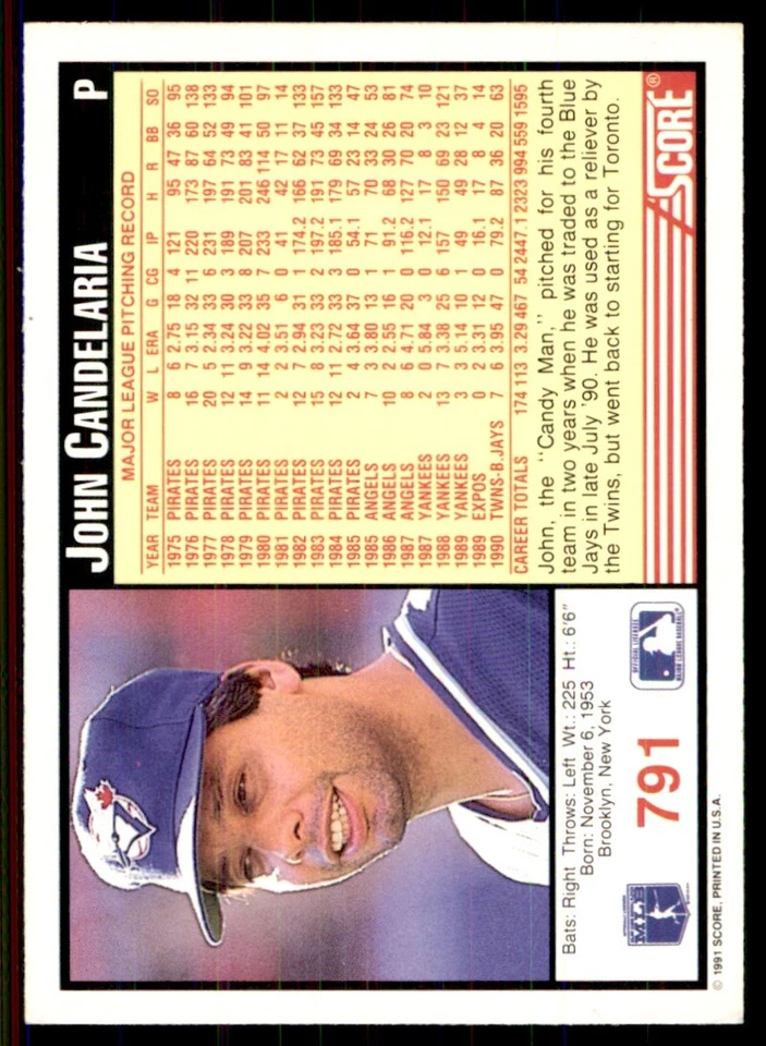 1991 Score John Candelaria Toronto Blue Jays #791 - Image 2 of 2