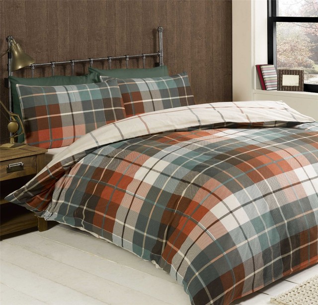 230CMX220CM TARTAN CHECK TERRACOTTA TEAL BRUSHED COTTON KING SIZE DUVET COVER