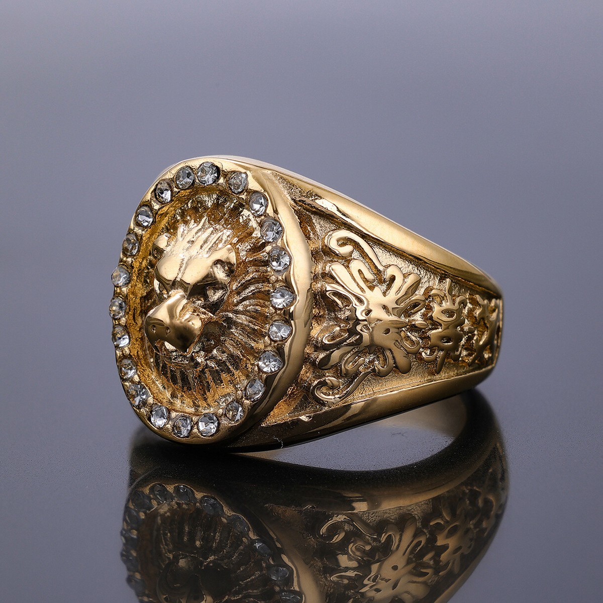 Gorgeous Round CZ Gold Plated Lion Head Ring Stainless Steel