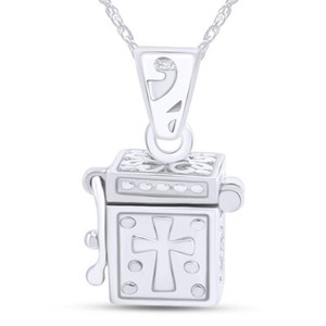 Authentic Christian Prayer Box Locket Pendant Necklace 14K White Gold Plated sterling 18"