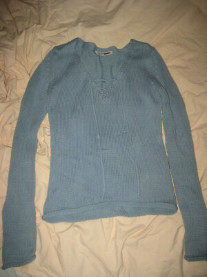 VINTAGE Pullover 38 FLASHLIGHTS Hellblau Schnürung Langarm warm Baumwolle Acryl