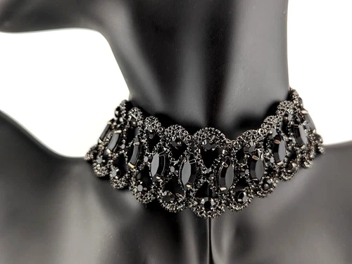wide black glass rhinestone choker 10-16.5" gunmetal/pewter collar necklace D2