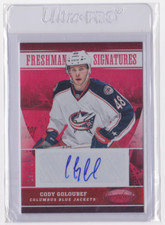 2012-13 CERTIFIED FRESHMAN SIGNATURES RED SP/199 CODY GOLOUBEF #164 BLUE JACKETS
