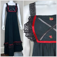 Vintage 1970s Black Cotton Maxi Dress, Young Edwardian by Arpeja Size XXS, Cut O