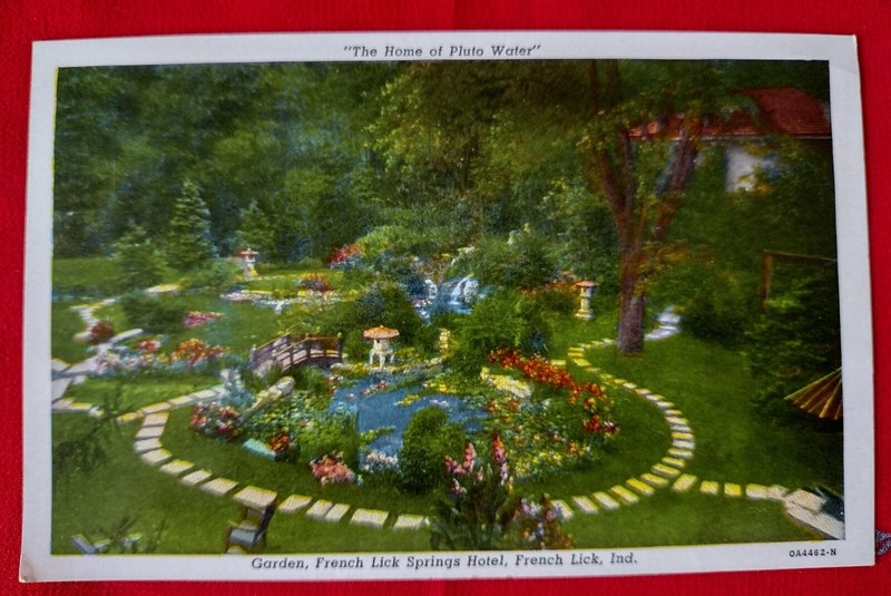 The Home of Pluto Water, French Lick Indiana PostCard Posted w 2ct J Adams stamp
