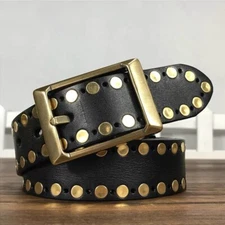 Real Leather Waist Belt Heavy Metal Gold Rivet Studded Unisex Punk Belt Handmade