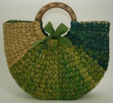Missoni Italian Beach Tote Hand Painted Wood Handles Green Dyed Straw Vintage