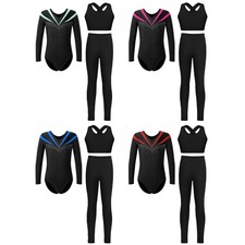 US Girls Outfits Competitions Gymnastics Sports Set Training V Neck Unitard Yoga