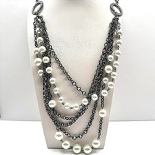 Vintage 90s NY Multi-Strand Faux Pearl Glass Layered Necklace Women's Jewelry