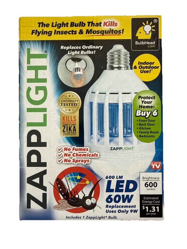 Zap Light 60 W LED Bulb Kills Insects and Mosquitos Indoor Outdoor Open Box