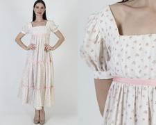 Vtg Off Wht Cottage Dress Pink Rose Floral Calico Prairie Peasant Wedding Gown