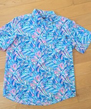 Simply Southern Performance Polo Shirt Men L Blue Pink Floral All Over Print