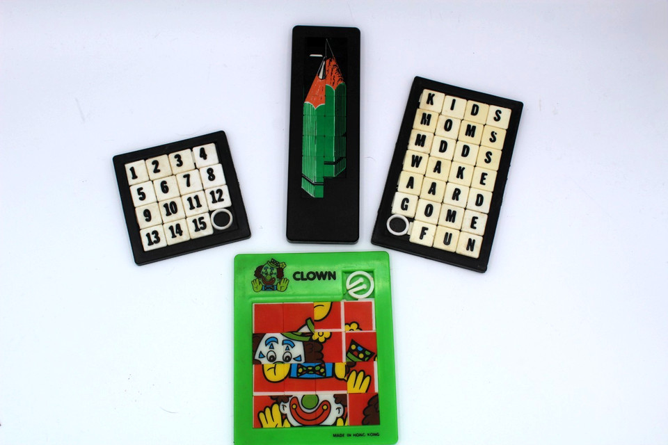 Vintage 1980s Sliding Puzzle Lot Words Numbers Clown Pencil Hong Kong