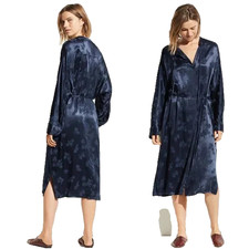 New Vince Tulip Jacquard Midi Dress Long Sleeve Navy Blue Floral Satin Size XS